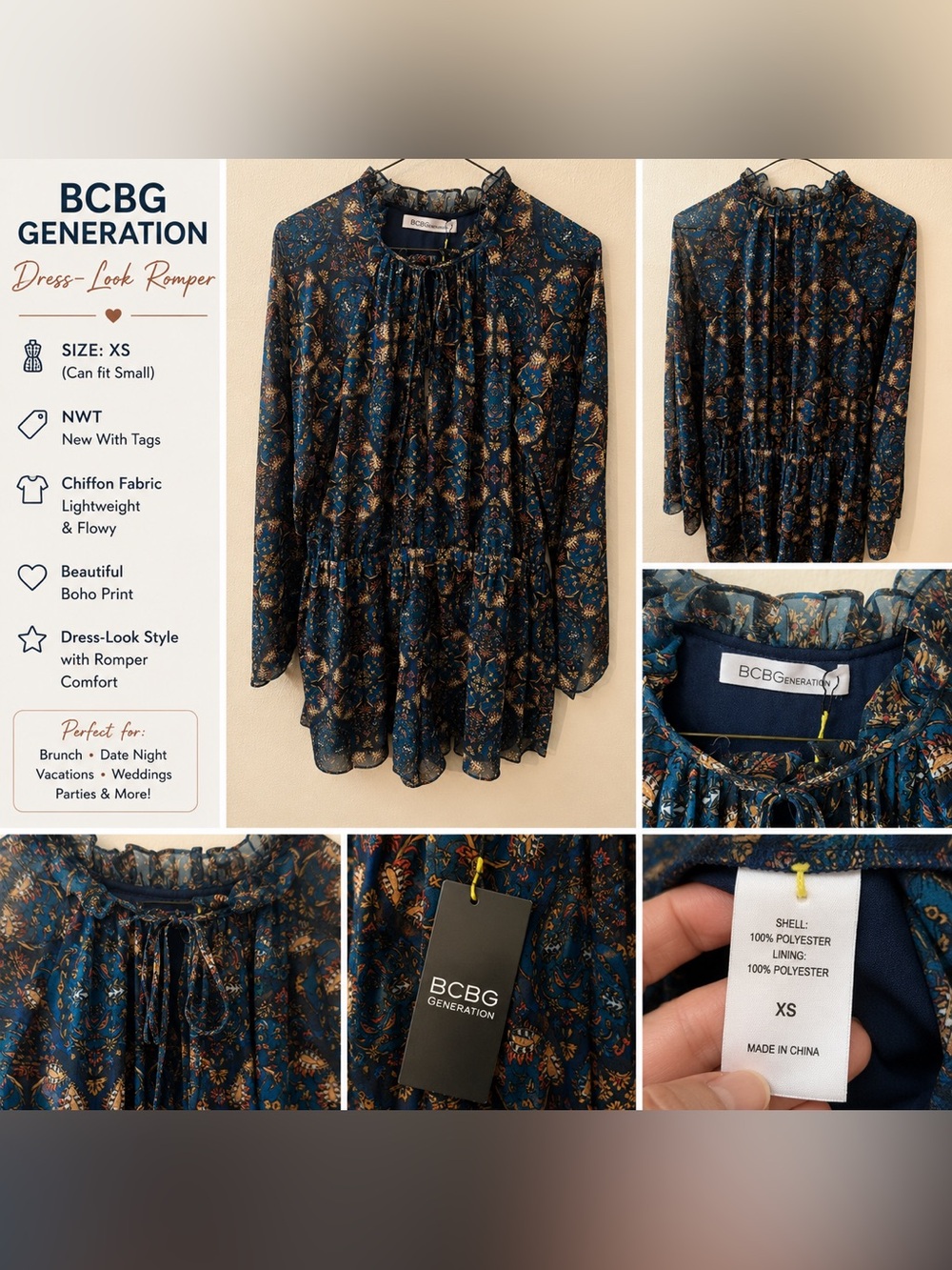 BCBG Generation Dress-Look Romper XS NWT Blue Boho Chiffon Long Sleeve